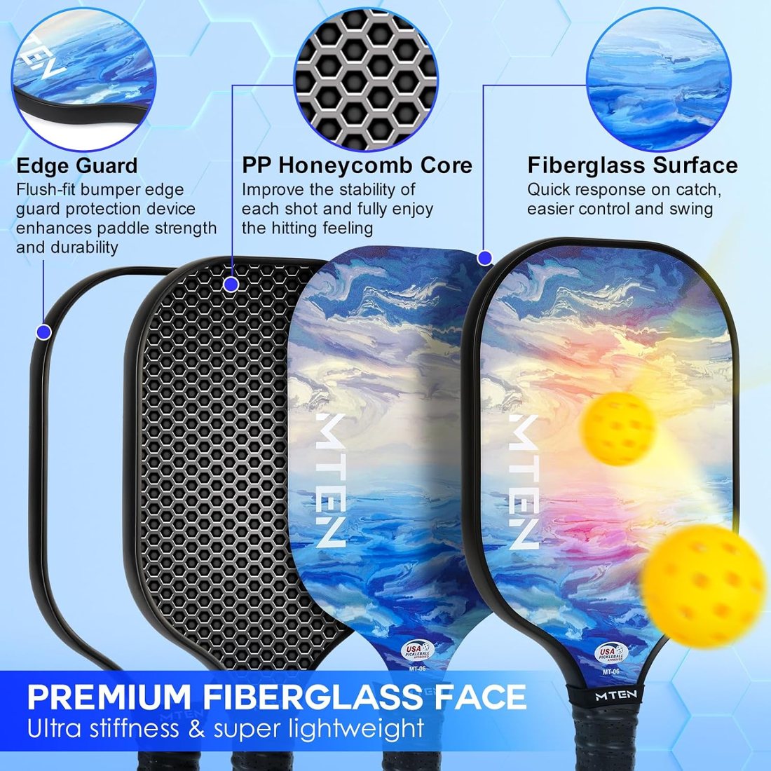 Above the clouds MTEN pickleball paddle set with blue sky design view 3