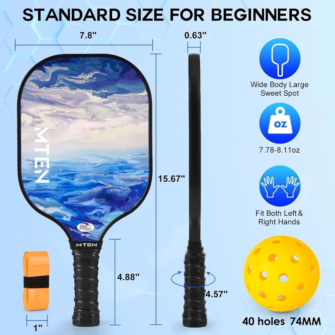 Above the clouds MTEN pickleball paddle set with blue sky design view 5