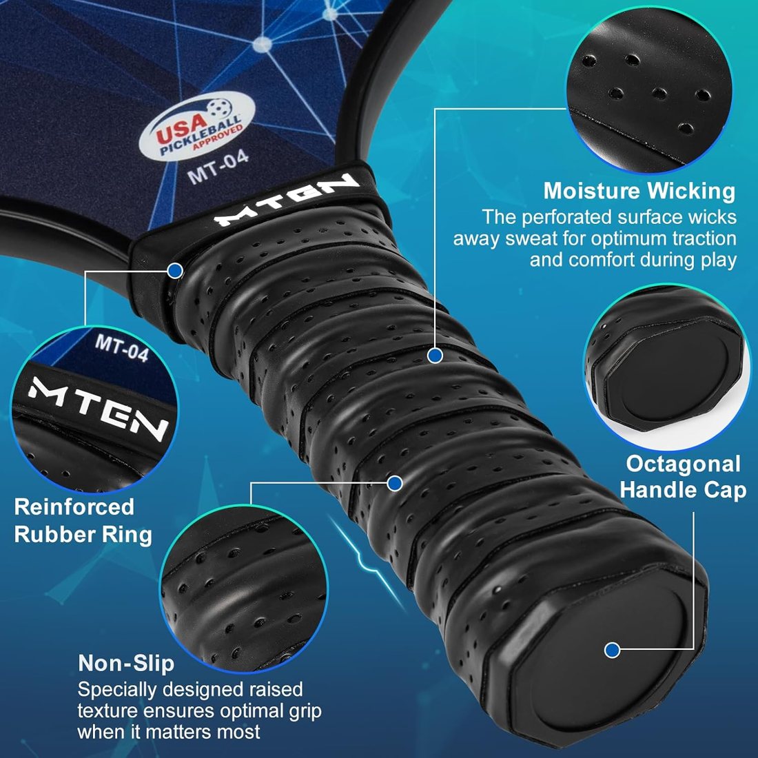 Mixed black and blue constellation MTEN pickleball paddle set view 4