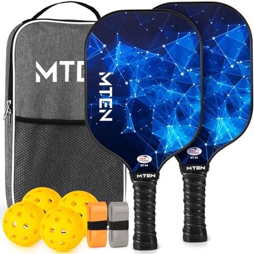 Blue constellation MTEN fiberglass pickleball paddles with carry bag and balls view 1