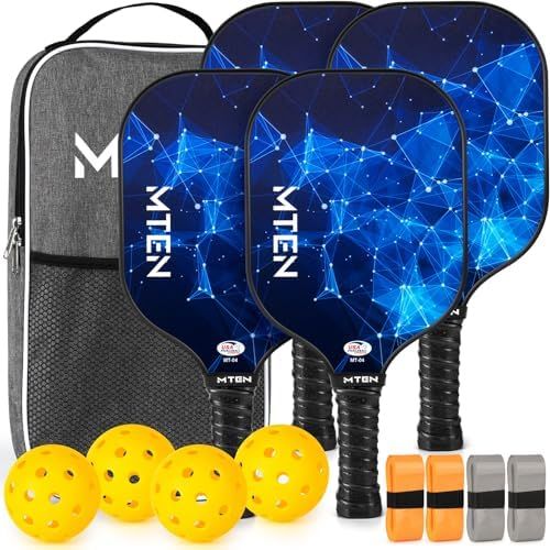 Blue constellation MTEN fiberglass pickleball paddles with carry bag and balls