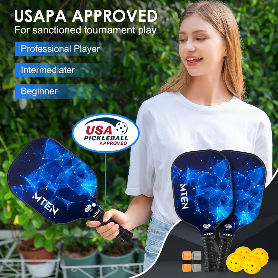 Blue constellation MTEN fiberglass pickleball paddles with carry bag and balls view 2