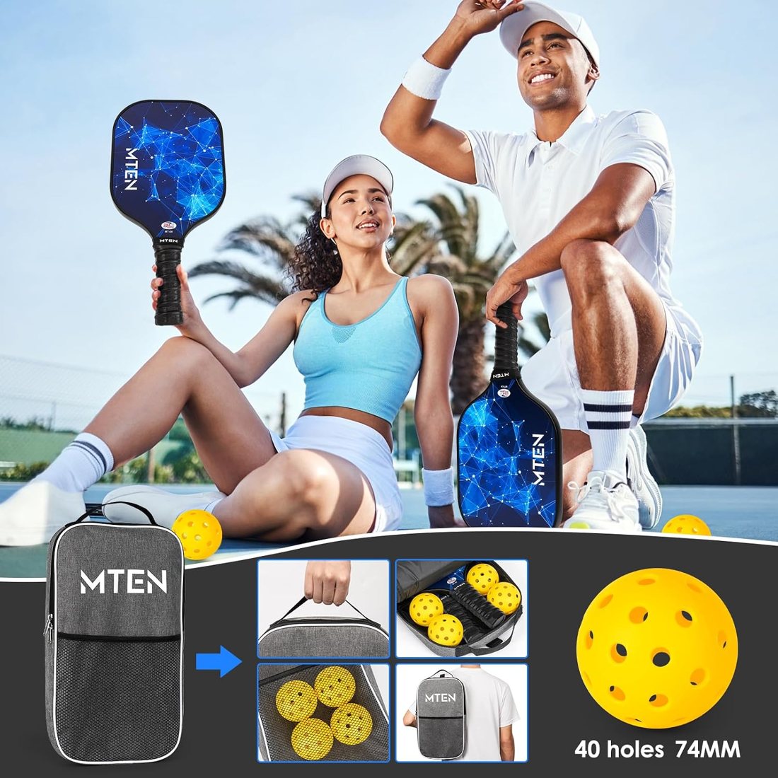 Blue constellation MTEN fiberglass pickleball paddles with carry bag and balls view 6