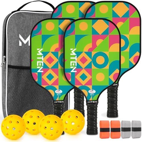 Color block geometric MTEN pickleball paddles with green and orange print