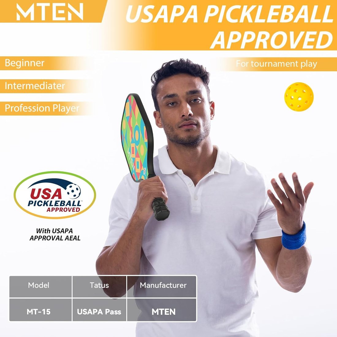 Color block geometric MTEN pickleball paddles with green and orange print view 2
