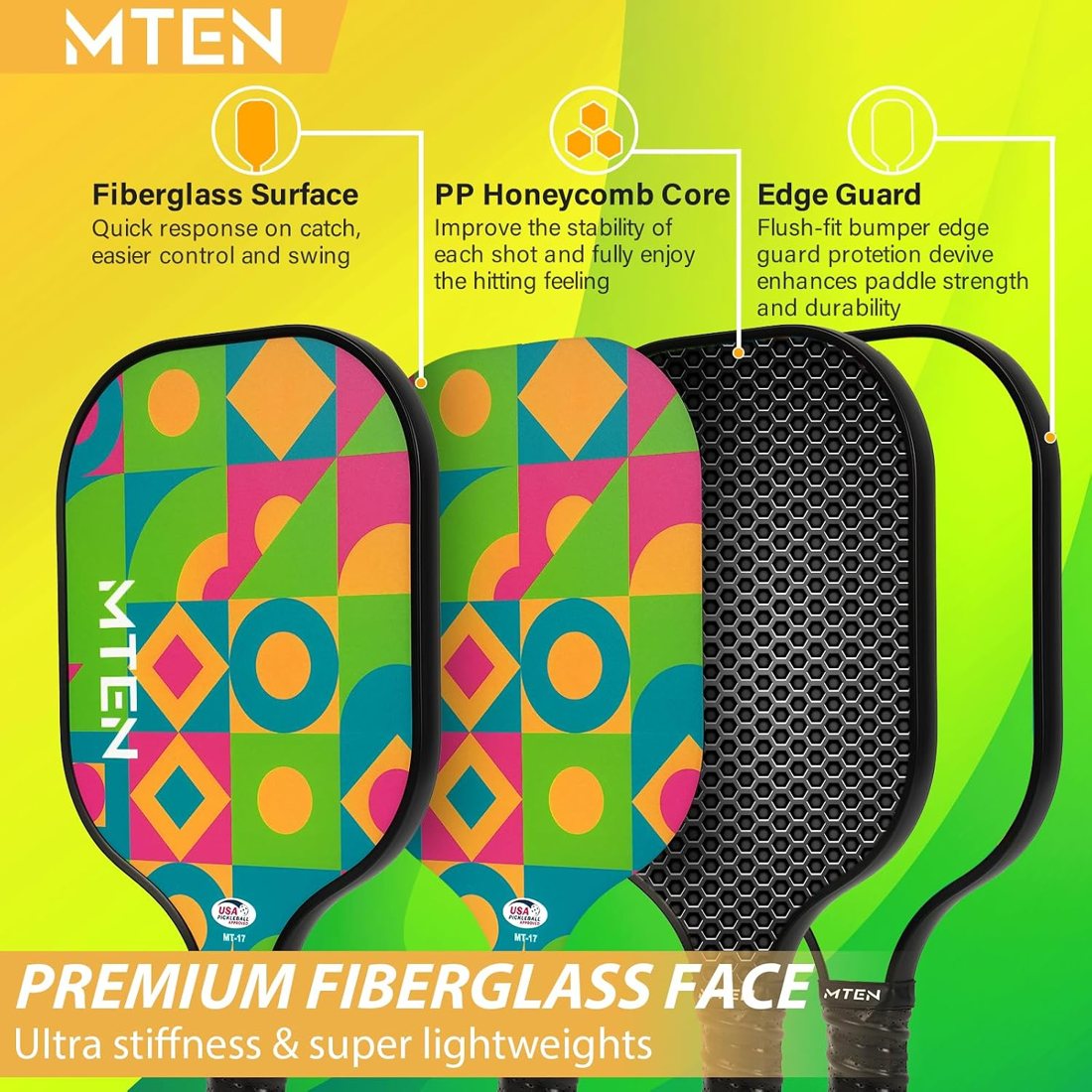 Color block geometric MTEN pickleball paddles with green and orange print view 3
