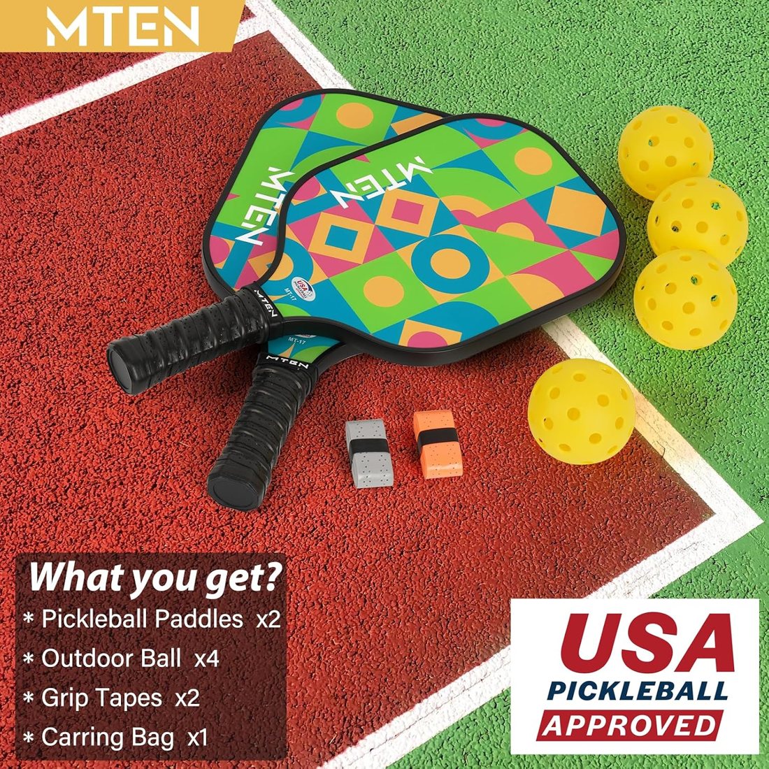 Color block geometric MTEN pickleball paddles with green and orange print view 6