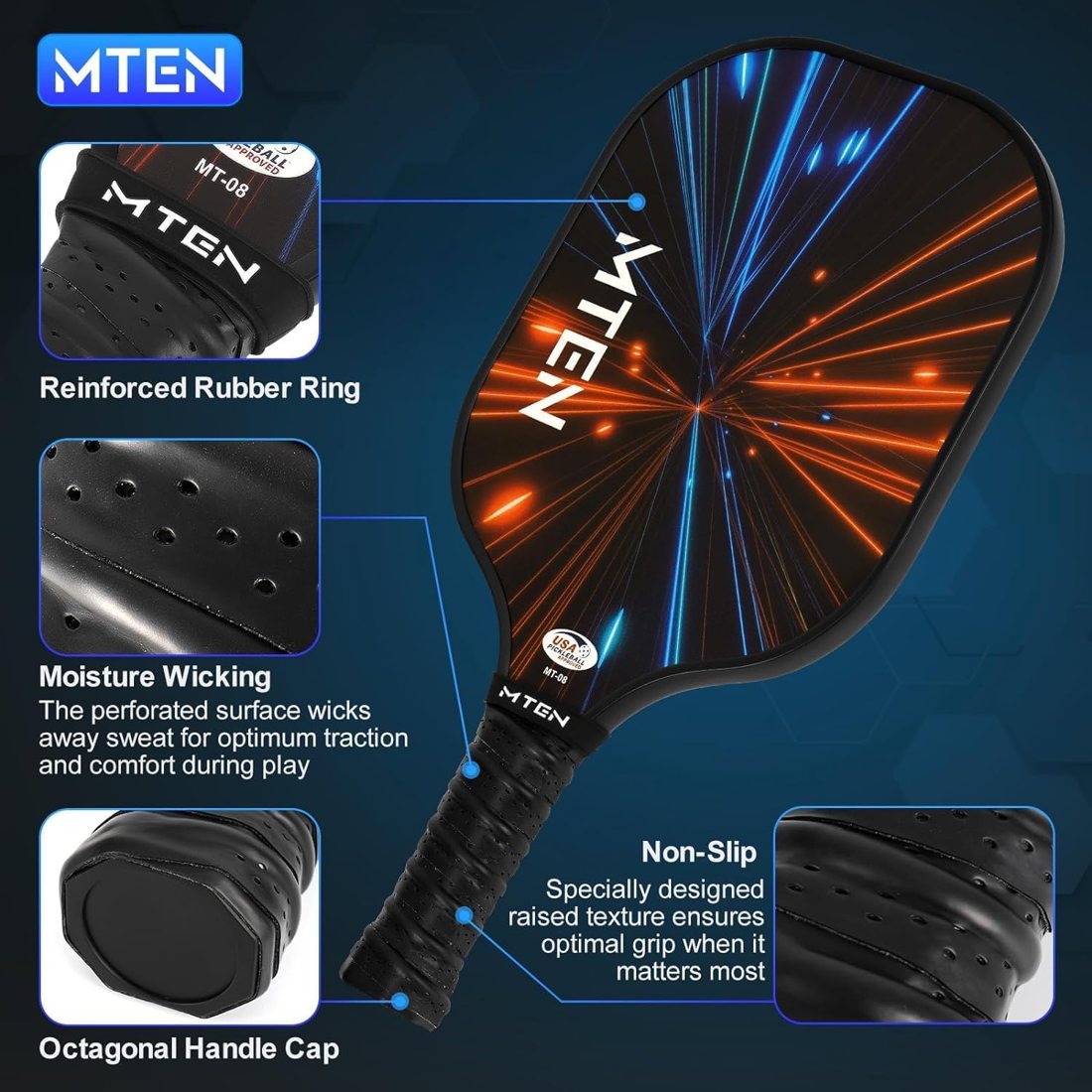 MTEN light speed pickleball paddles with orange and blue streak design view 4