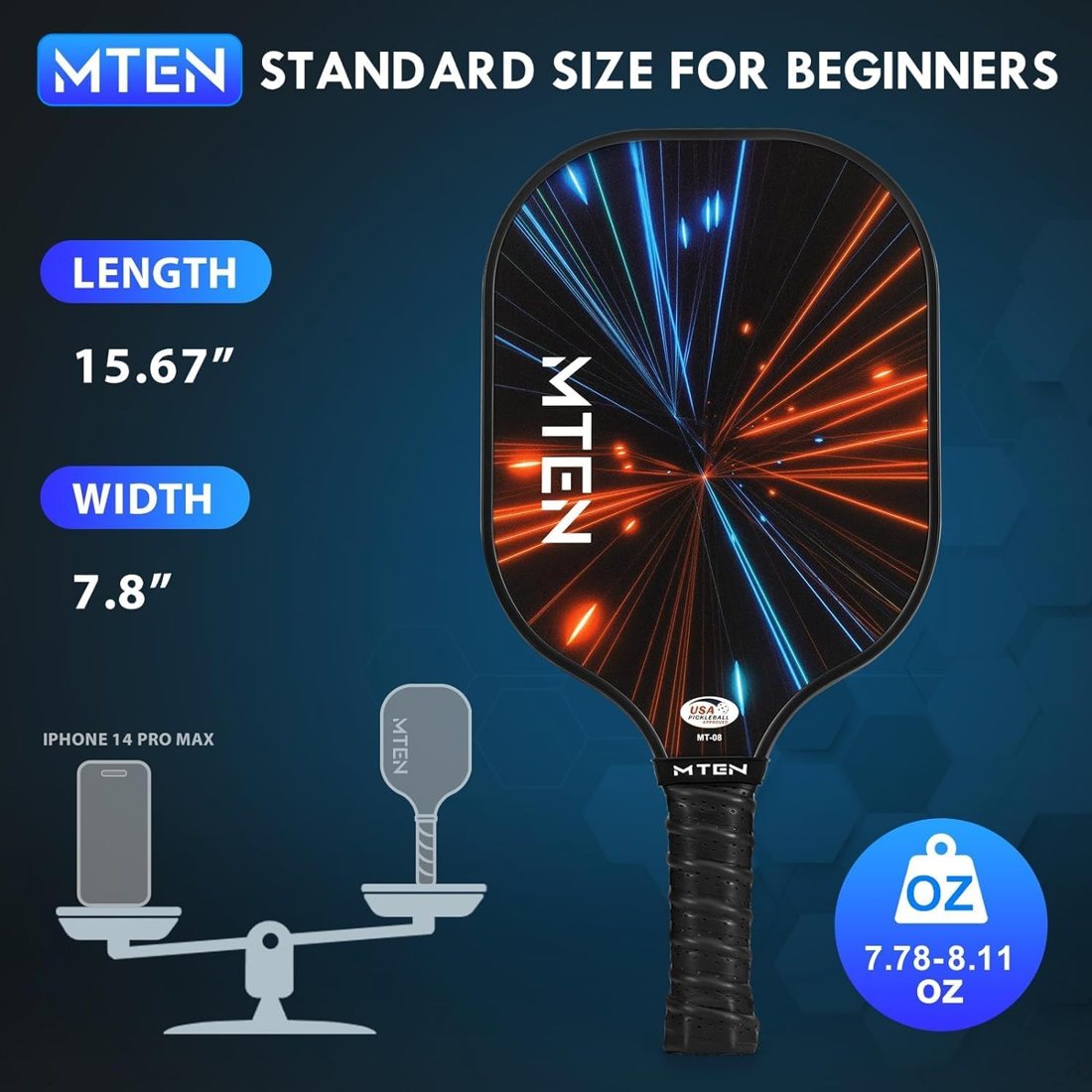 MTEN light speed pickleball paddles with orange and blue streak design view 5