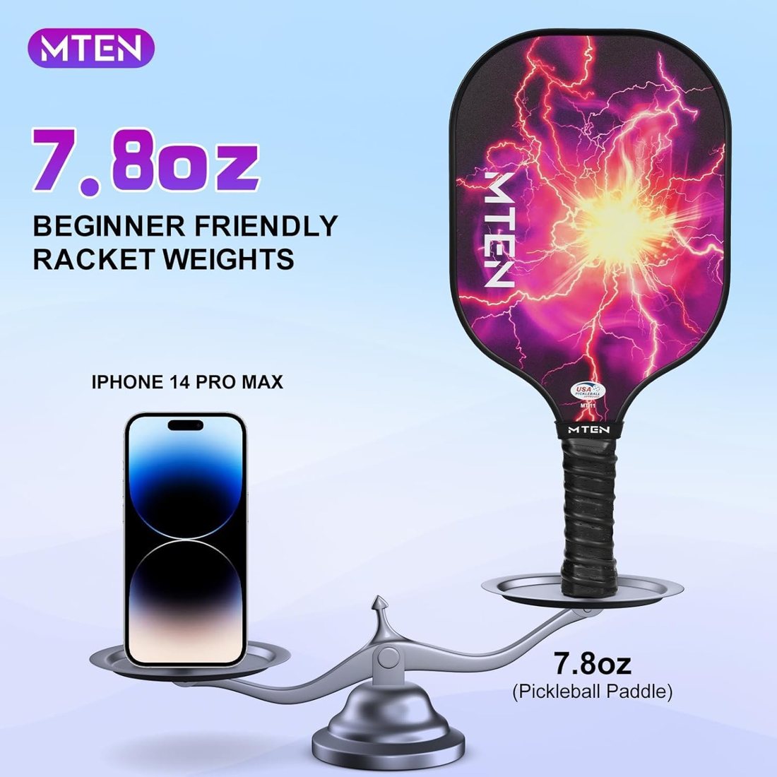 Lightning strike MTEN pickleball paddle set with purple storm face view 5