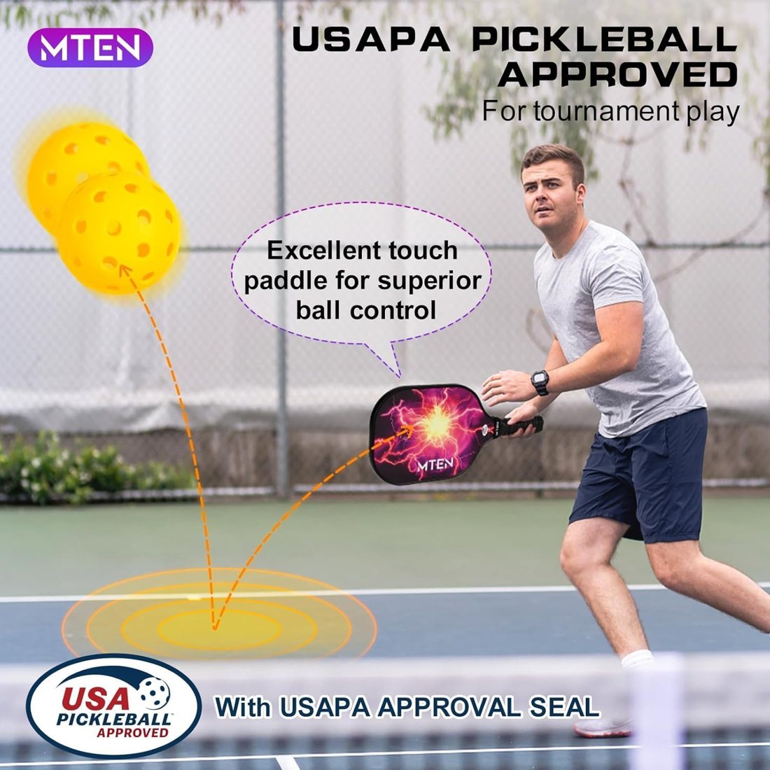 Lightning strike MTEN pickleball paddle set with purple storm face view 6
