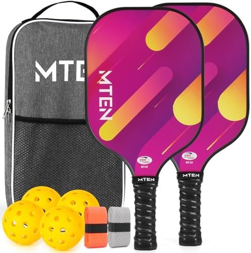 Magenta comet stripe MTEN pickleball paddles with orange accents