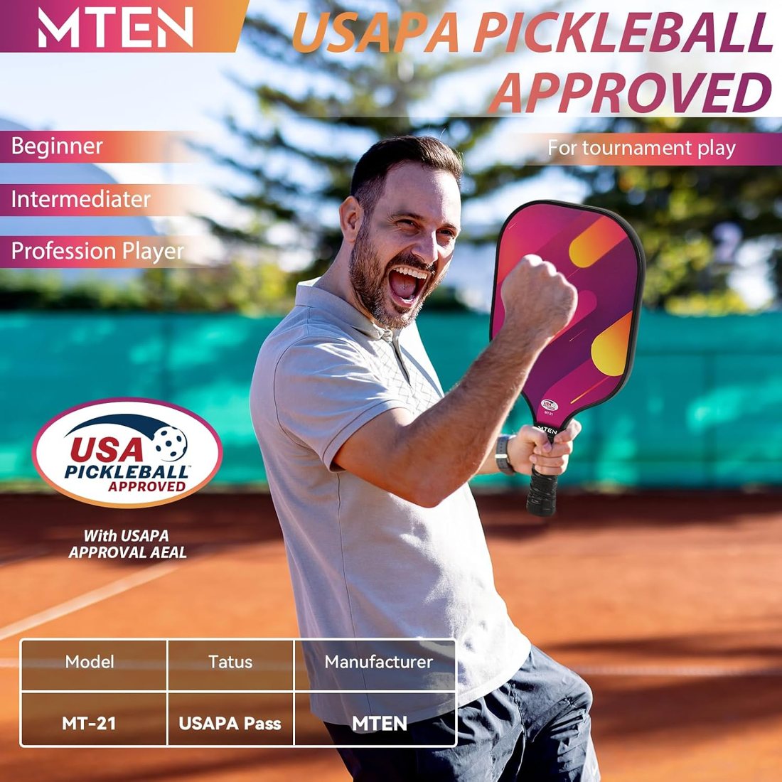 Magenta comet stripe MTEN pickleball paddles with orange accents view 2
