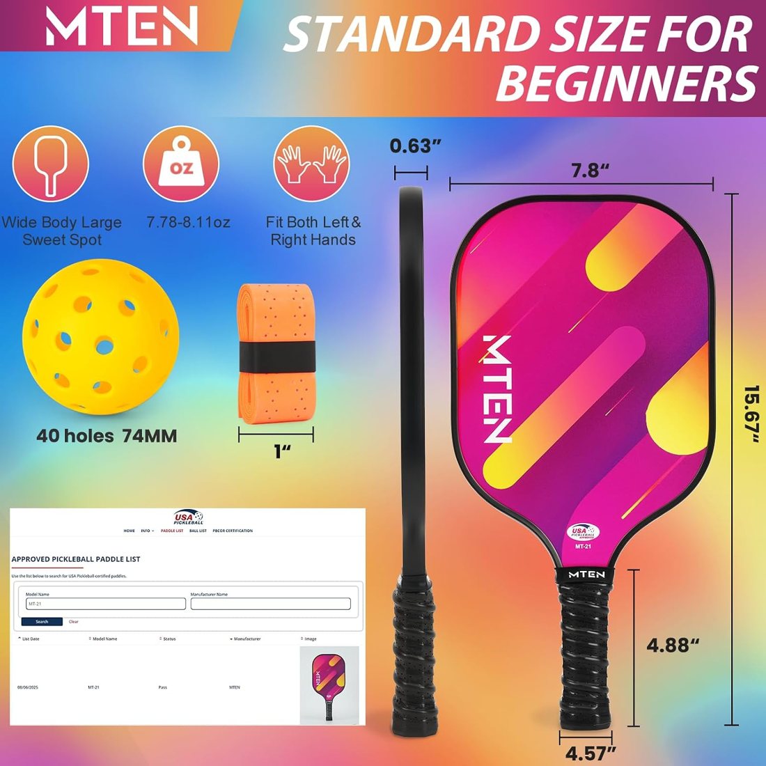 Magenta comet stripe MTEN pickleball paddles with orange accents view 5
