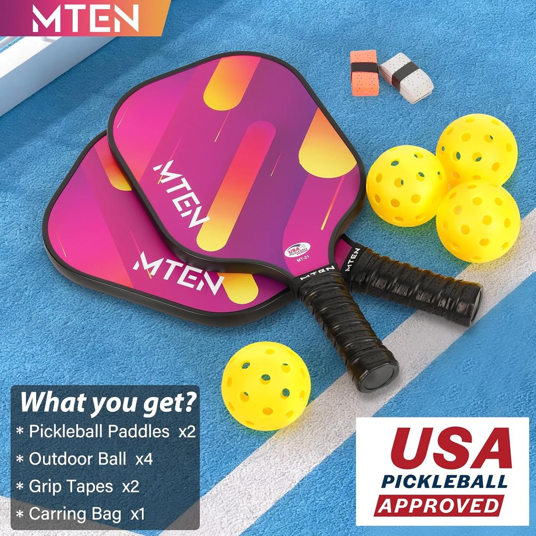 Magenta comet stripe MTEN pickleball paddles with orange accents view 6
