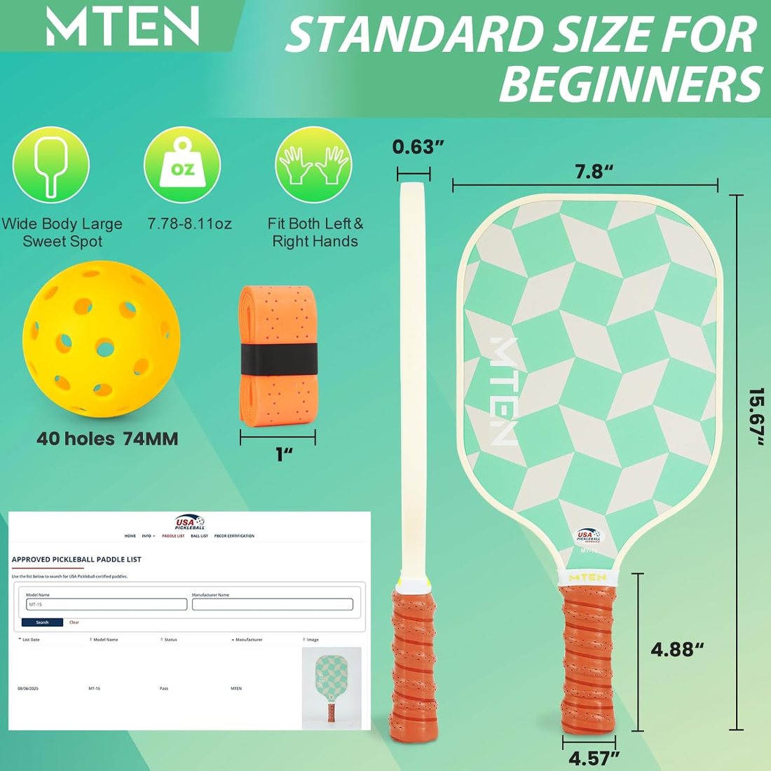 Mint checker aesthetic MTEN pickleball paddles with orange handles view 5
