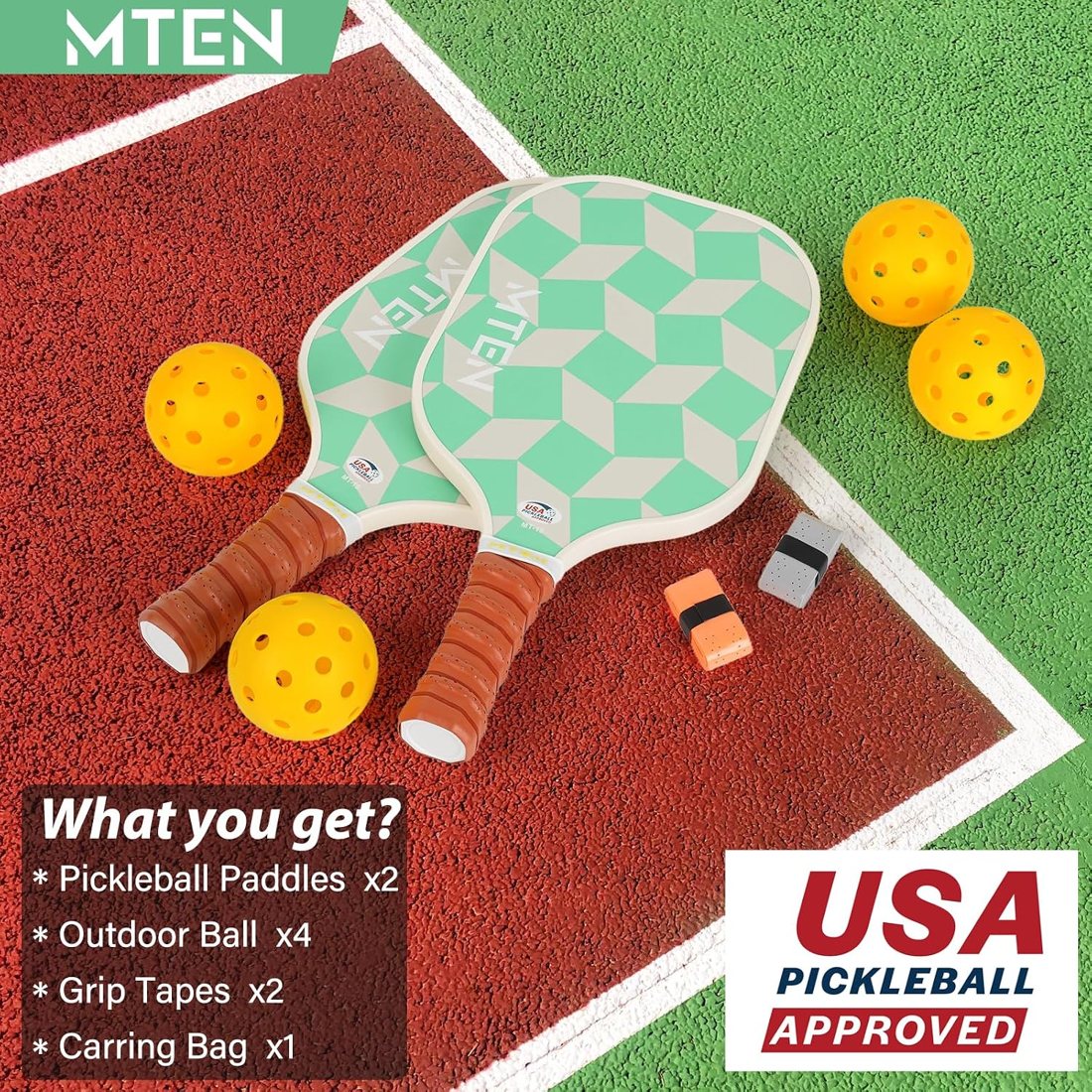 Mint checker aesthetic MTEN pickleball paddles with orange handles view 6