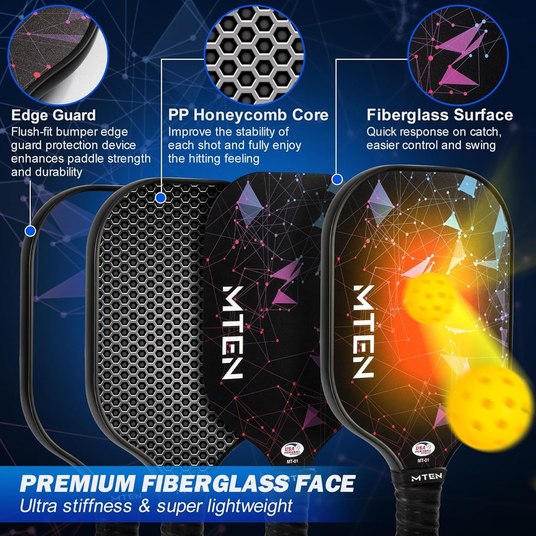 MTEN night constellation pickleball paddle set with black fiberglass faces view 3