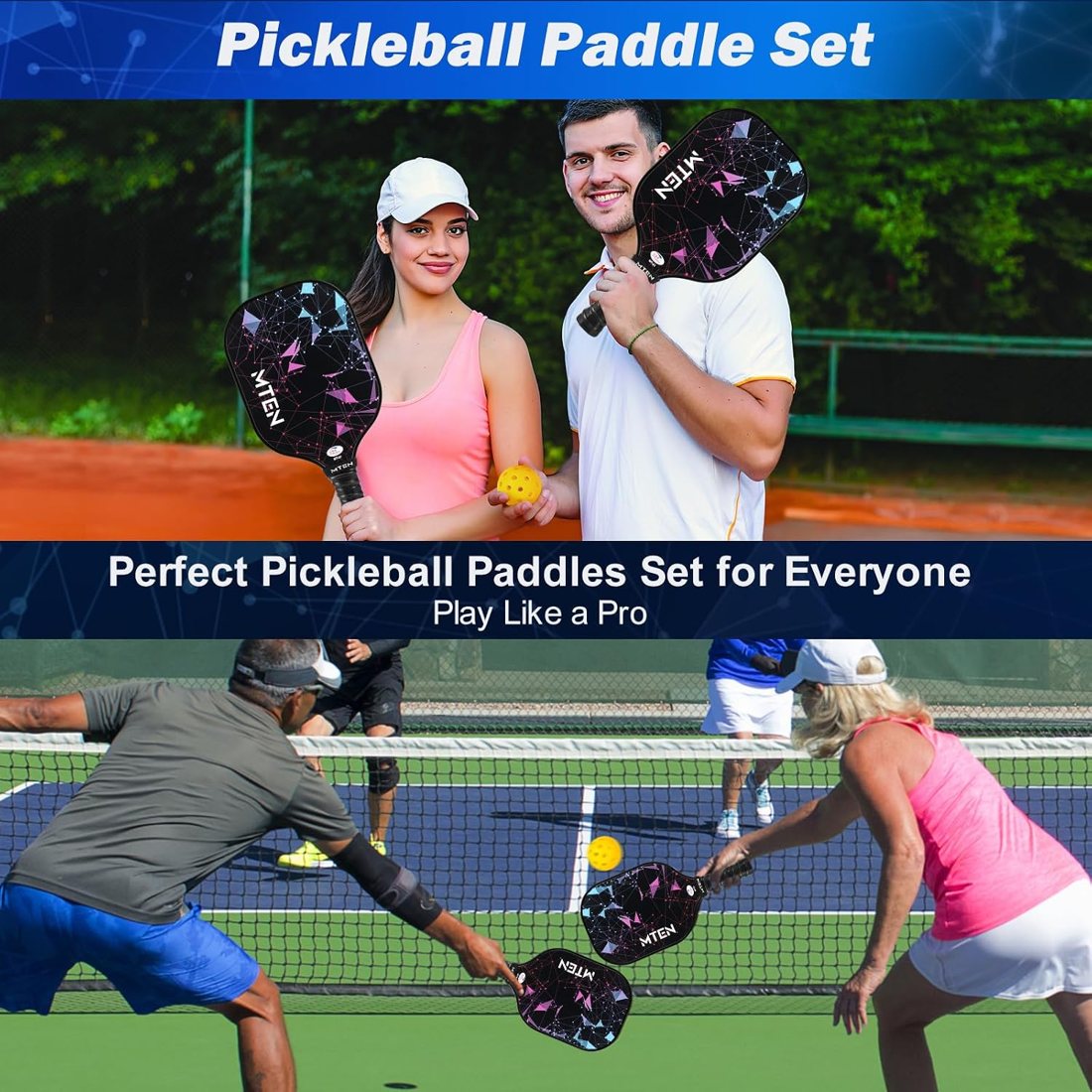 MTEN night constellation pickleball paddle set with black fiberglass faces view 6
