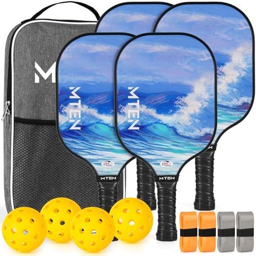 Ocean wave MTEN pickleball paddles with painted blue wave design