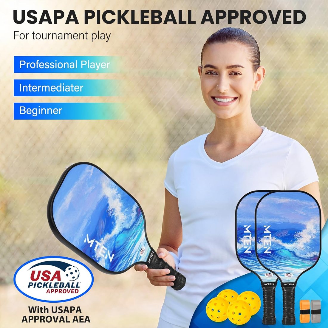 Ocean wave MTEN pickleball paddles with painted blue wave design view 2