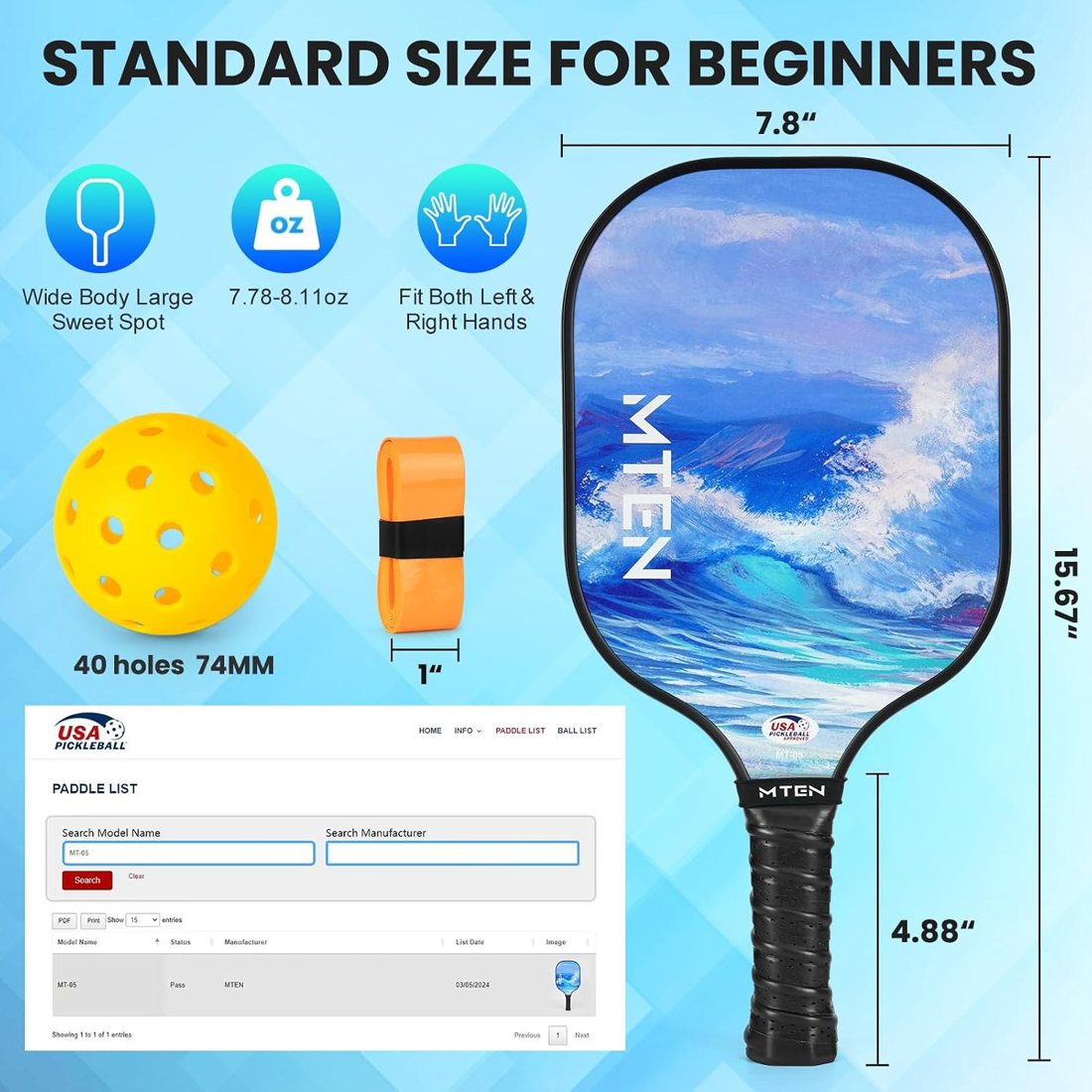 Ocean wave MTEN pickleball paddles with painted blue wave design view 5