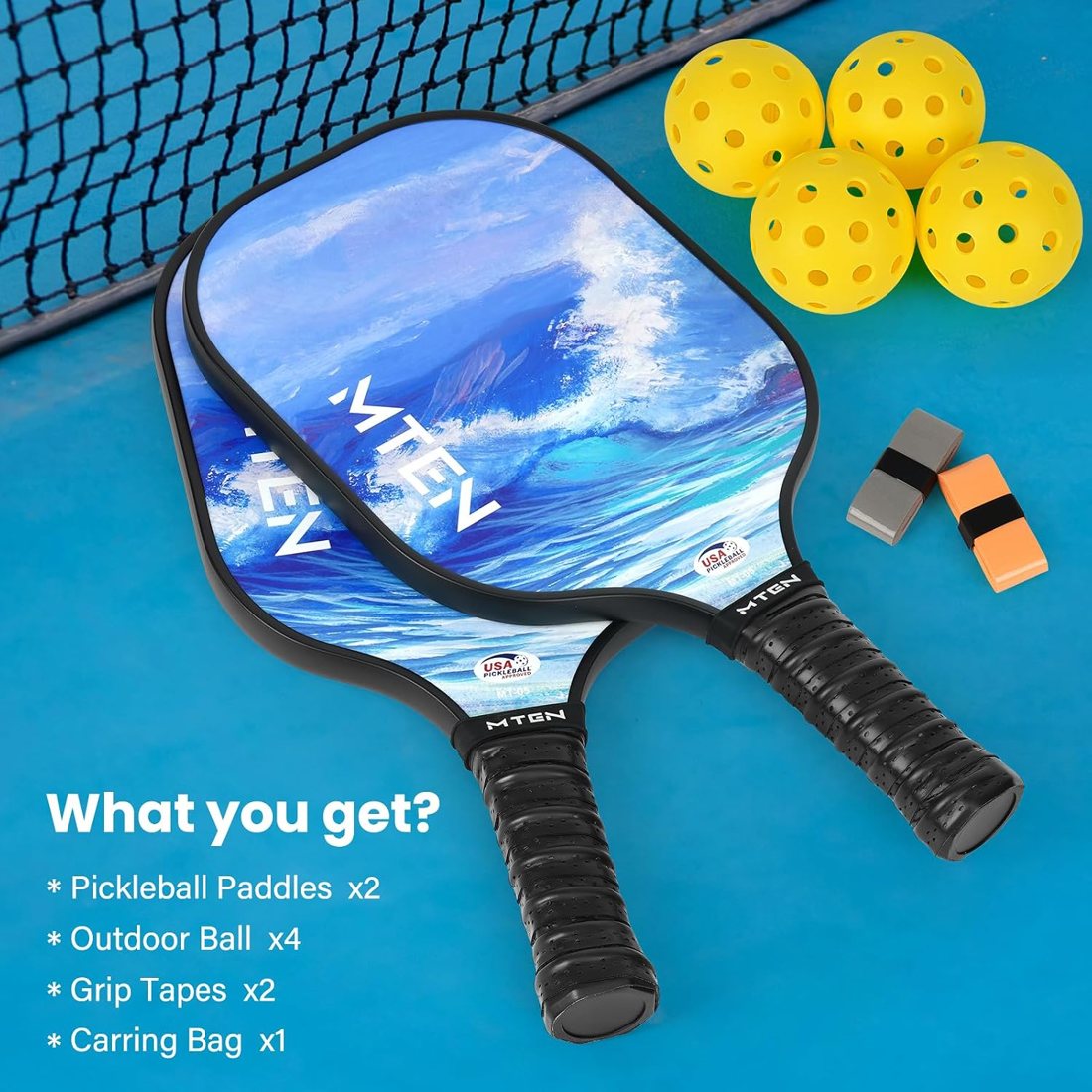 Ocean wave MTEN pickleball paddles with painted blue wave design view 6