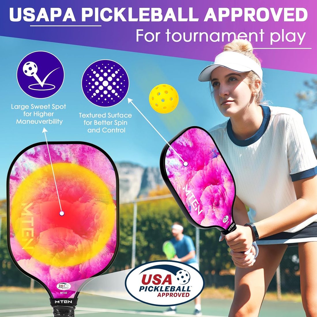 Pink cloud MTEN pickleball paddle set of two with outdoor balls view 2