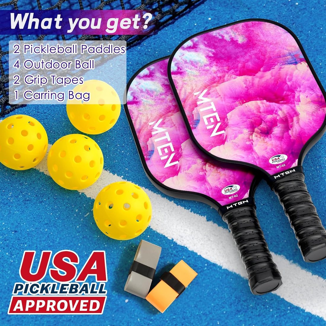 Pink cloud MTEN pickleball paddle set of two with outdoor balls view 6