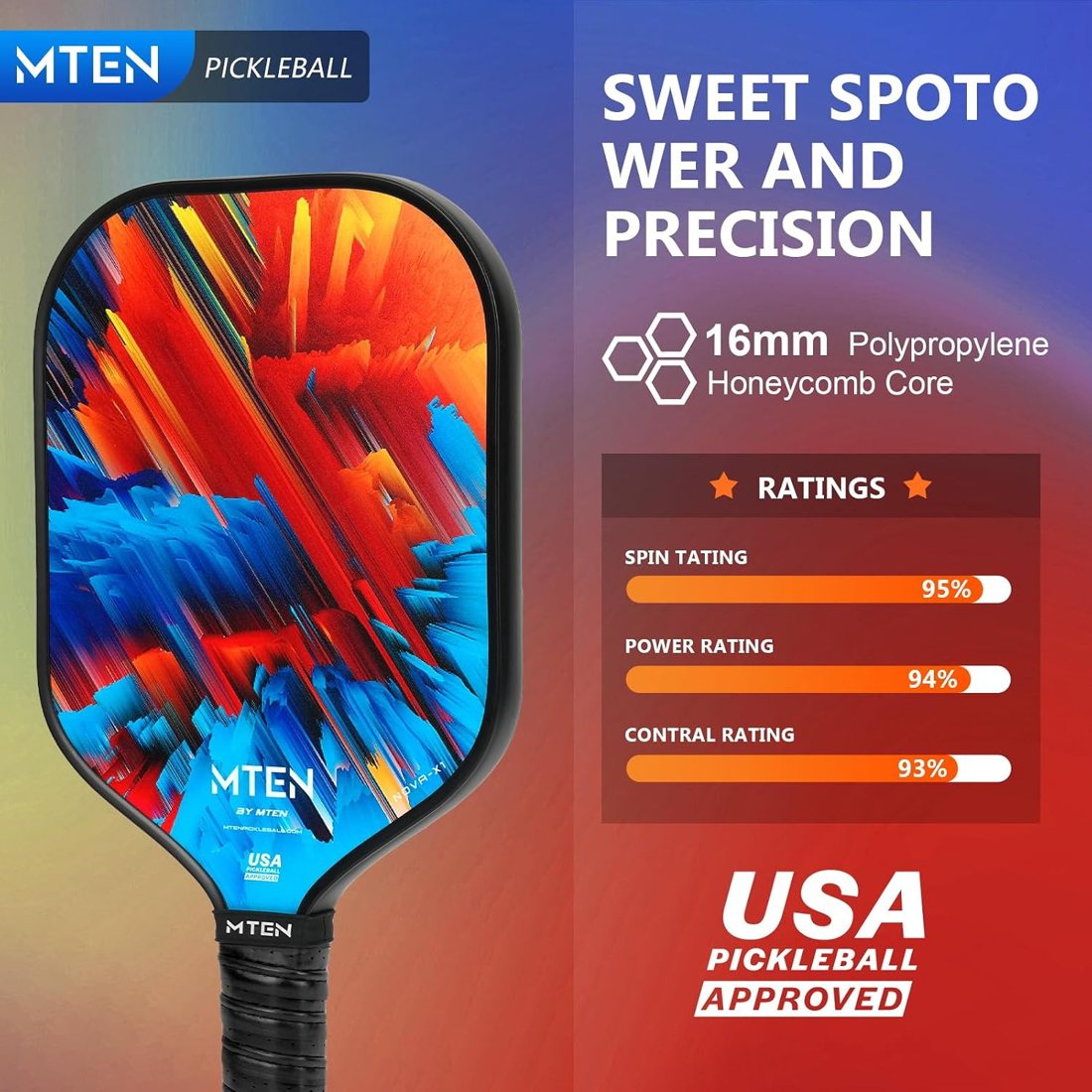 MTEN T700 raw carbon fiber pickleball paddle with red and blue face view 2
