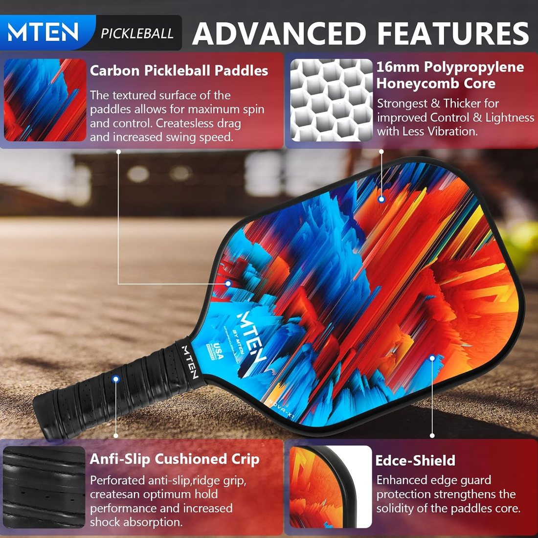 MTEN T700 raw carbon fiber pickleball paddle with red and blue face view 3