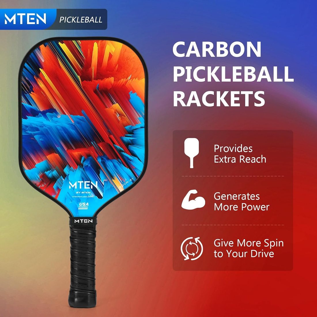 MTEN T700 raw carbon fiber pickleball paddle with red and blue face view 5