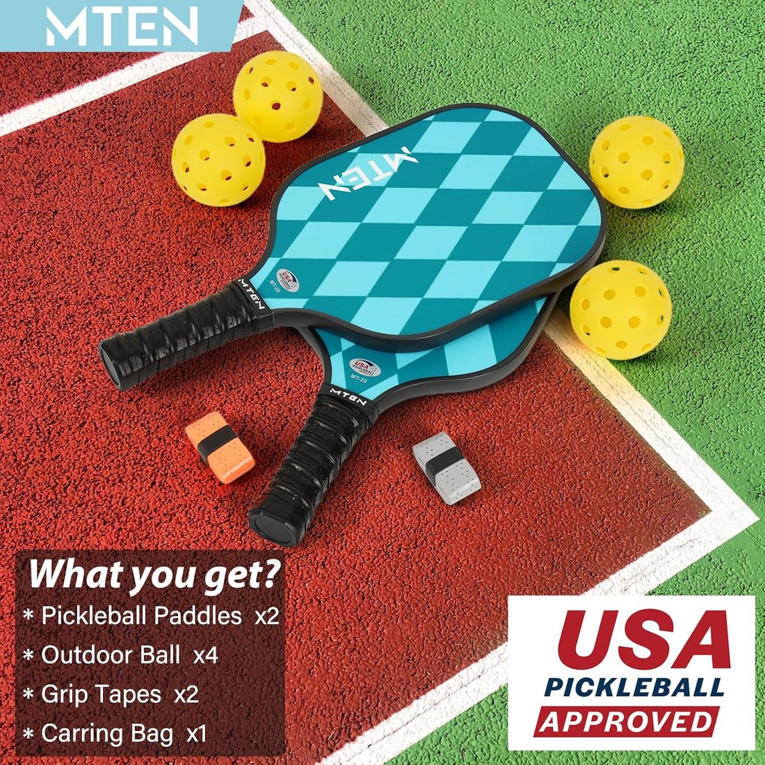Teal harlequin diamond MTEN pickleball paddle set view 6