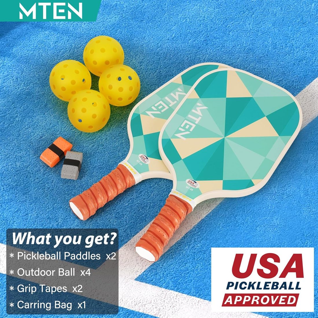Teal prism triangle MTEN pickleball paddles with orange grips view 6