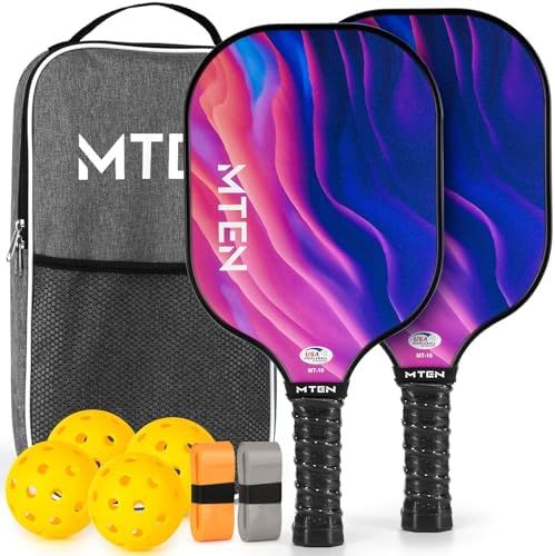 Violet wave MTEN pickleball paddles in a set with carry bag