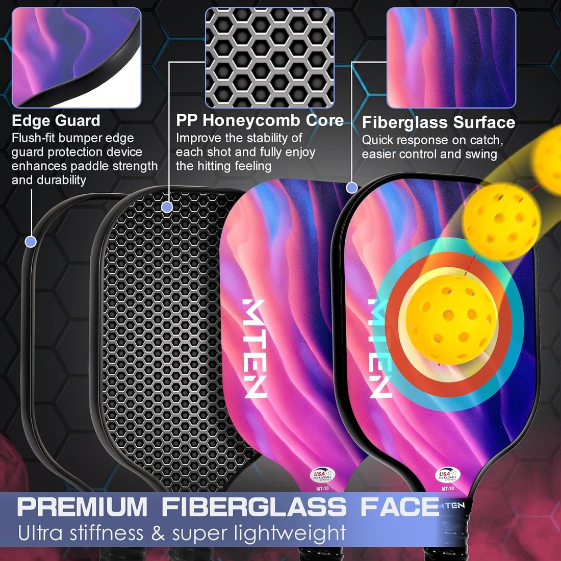Violet wave MTEN pickleball paddles in a set with carry bag view 3